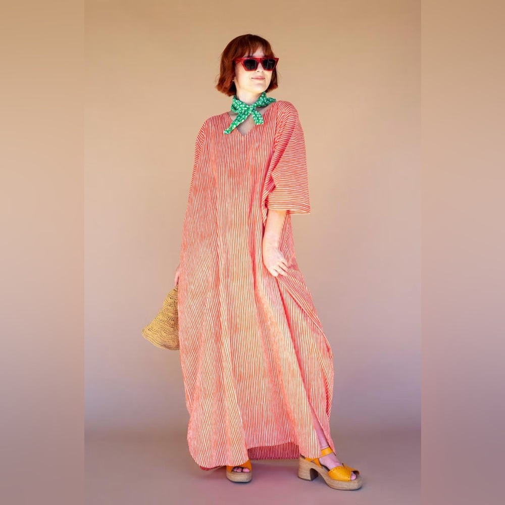 LA LOU Red & white stripped Printed Block Dress kaftan | one size fits most NWT